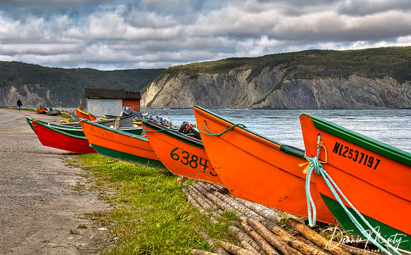 Orange Dorries, Cox's Cove, Bay of Islands, Newfoundland, Canada