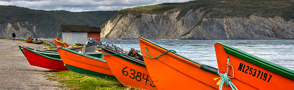 Orange Dorries, Cox's Cove, Bay of Islands, Newfoundland, Canada